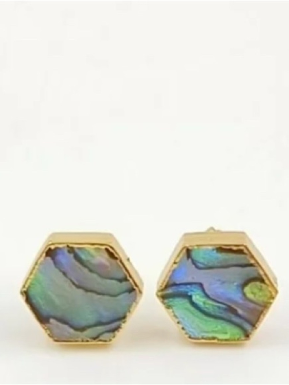 Gold Hexagon Abalone Shell Stud Earrings - Iridescent Green Blue